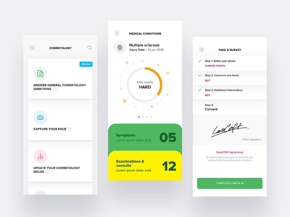 Three interfaces of patient app designed for UX project